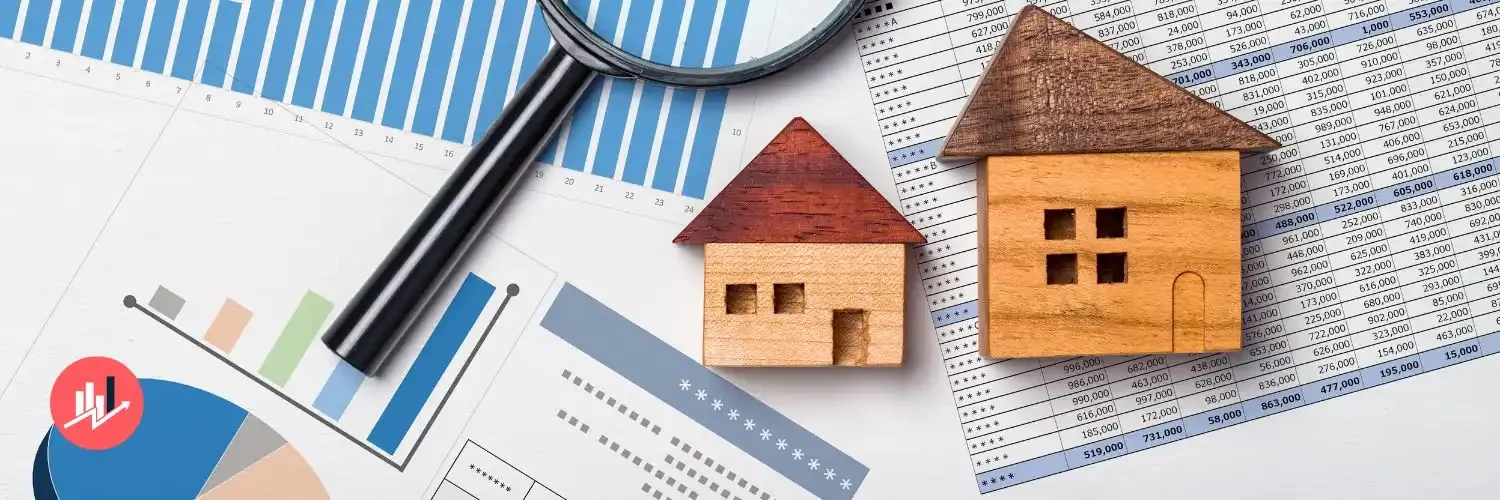 Ilustração de casas em cima de um papel com dados imobiliários